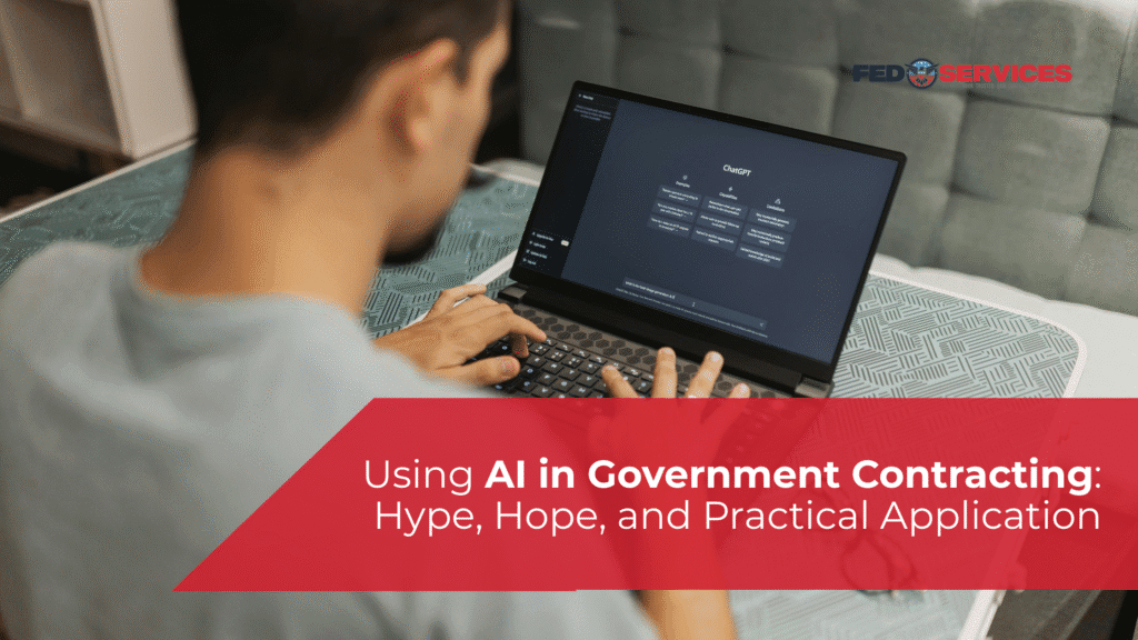 Business professional using AI software on a laptop while working on government contracting tasks.