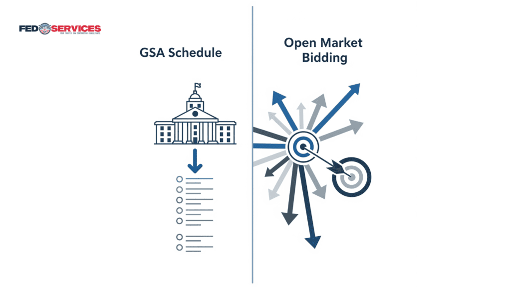 Illustration comparing GSA Schedule's structured vendor process with the Open Market Bidding system's wide, multi-vendor competition.