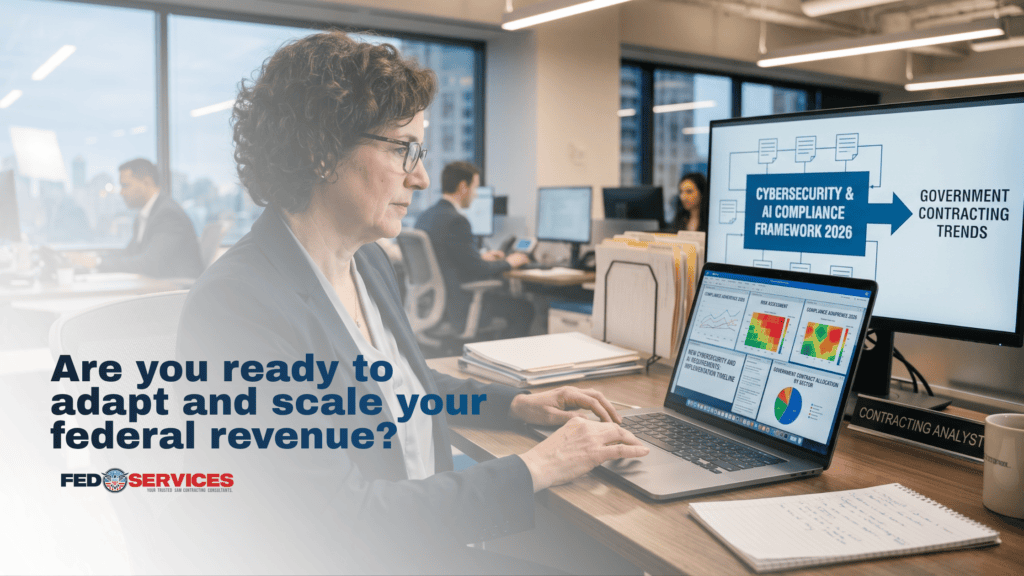 A professional analyzing data on a laptop, representing the new cybersecurity and AI compliance requirements shaping government contracting trends 2026.