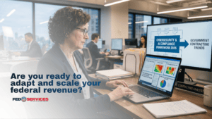 A professional analyzing data on a laptop, representing the new cybersecurity and AI compliance requirements shaping government contracting trends 2026.