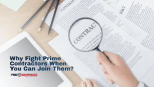 A hand holding a magnifying glass inspecting contract documents to find government subcontracting opportunities with prime contractors.