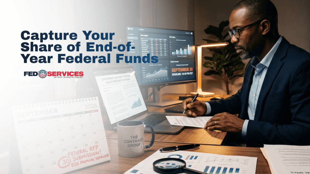 A business professional analyzing last-minute federal contract opportunities to capture end of fiscal year federal spending.